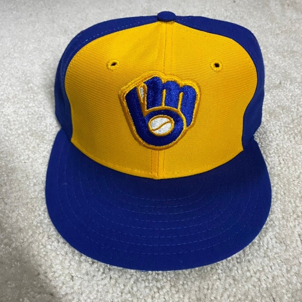 VTG New Era Milwaukee Brewers Hat 7 1/4 80s MLB Pro Model Wool Blue Yellow Cap